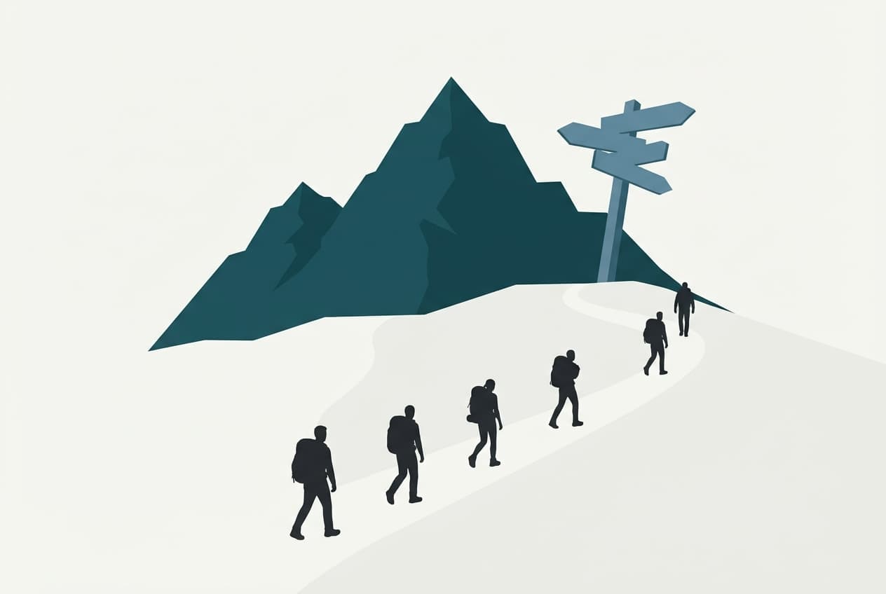 An editorial illustration of mountain peaks and a directional signpost with anonymous hikers turning away along a trail.