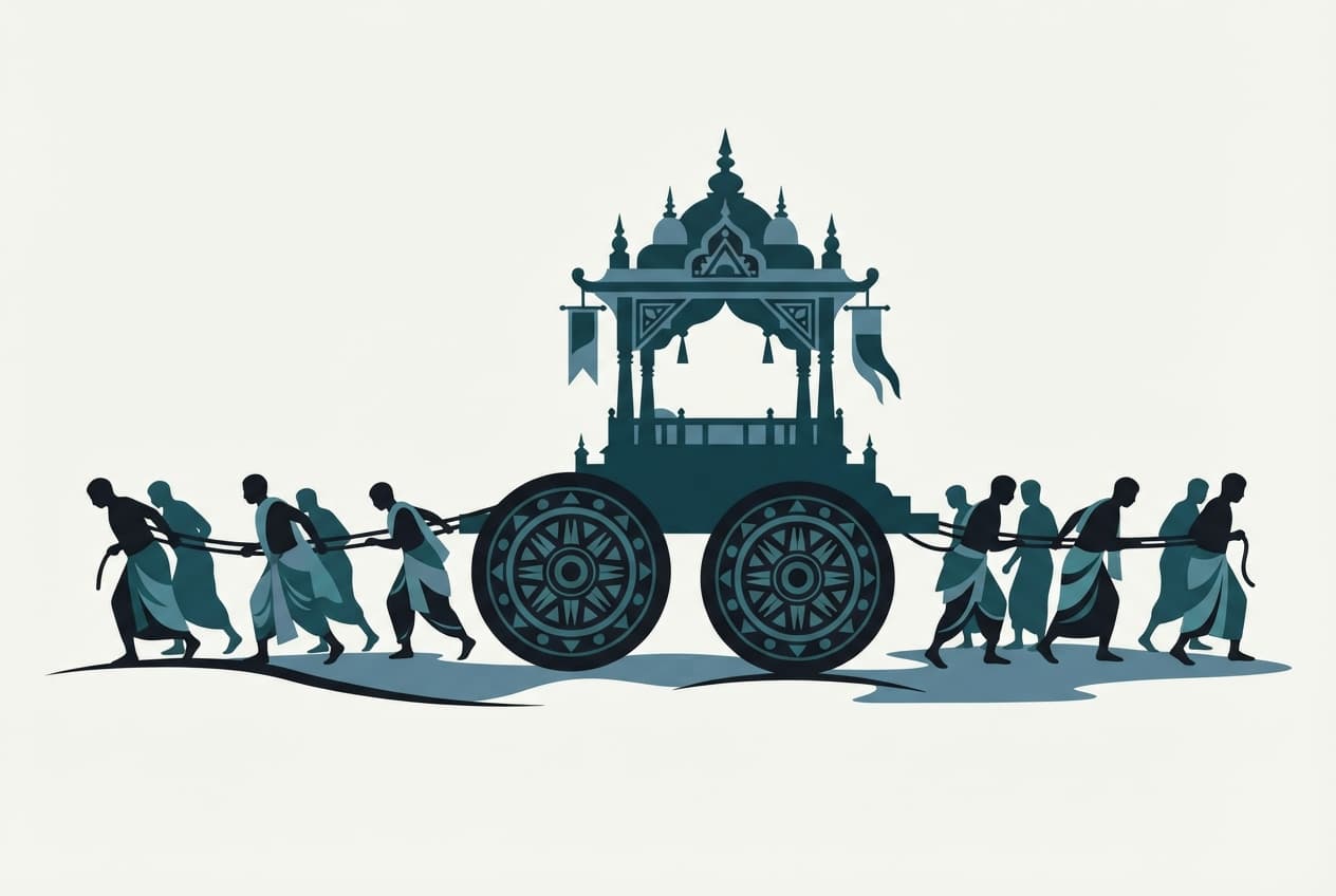 An editorial illustration of a ceremonial chariot being guided by silhouettes of people using ropes, rendered in deep teal and steel blue on an off-white background.