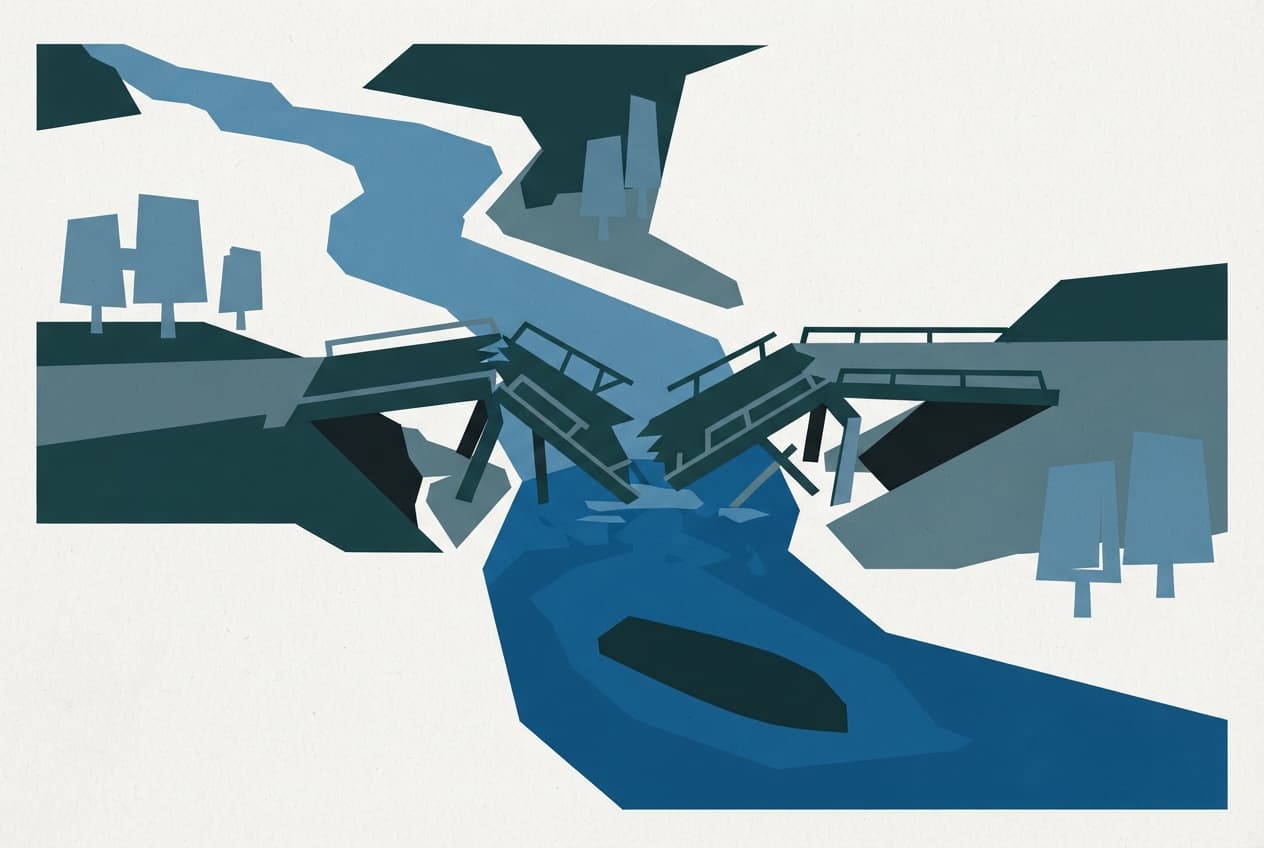 An editorial illustration of a broken bridge over a swollen river with an overturned boat silhouette in the water.