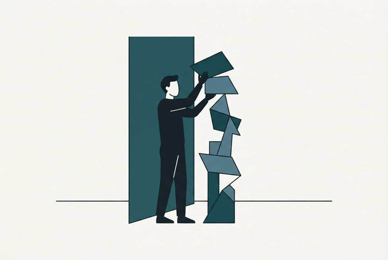 An illustration of an anonymous silhouette balancing interlocking geometric shapes against a wall, symbolizing political alignment and discipline.