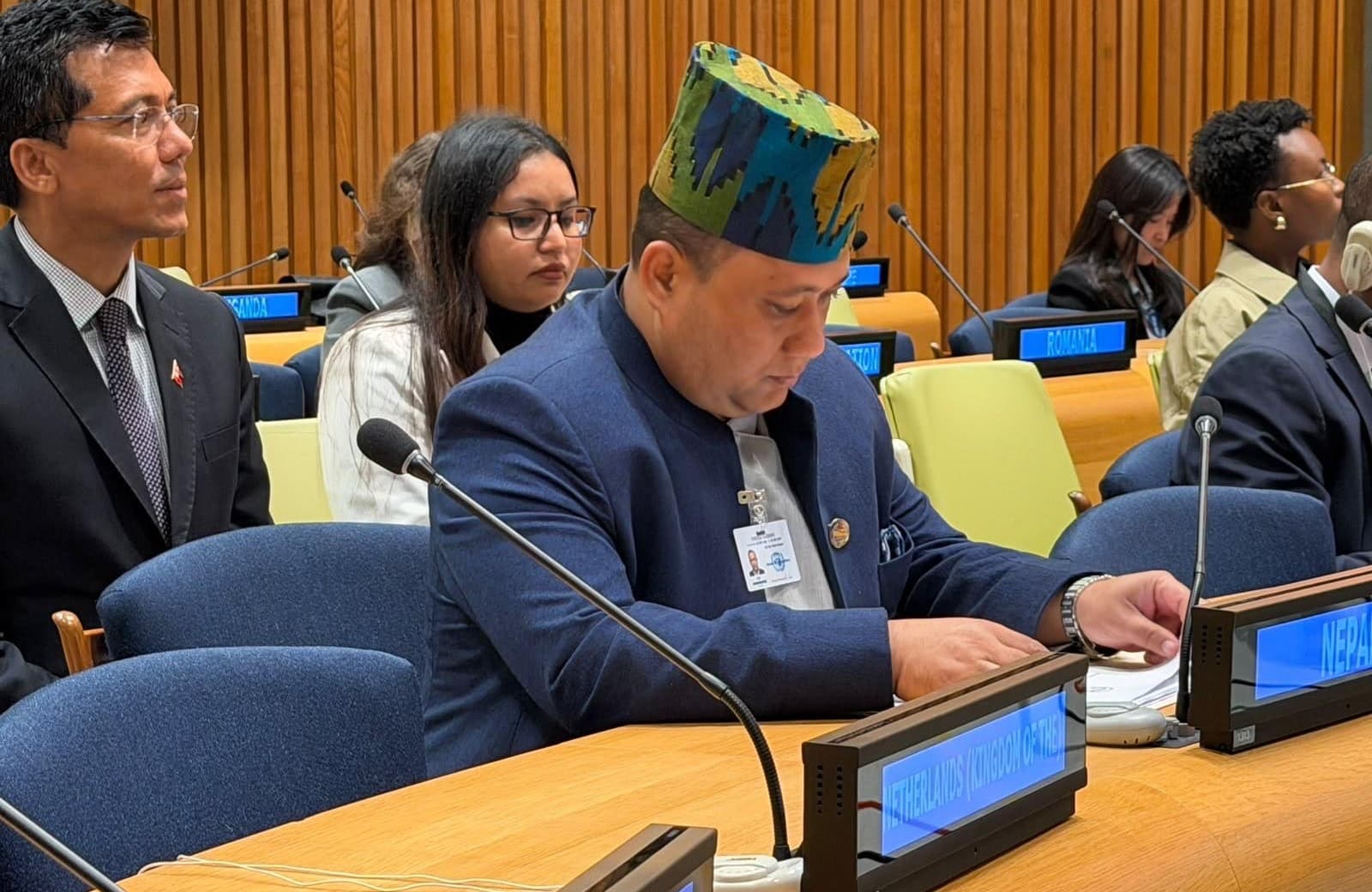 Foreign Minister Shishir Khanal seated at a conference desk during a United Nations meeting in New York.