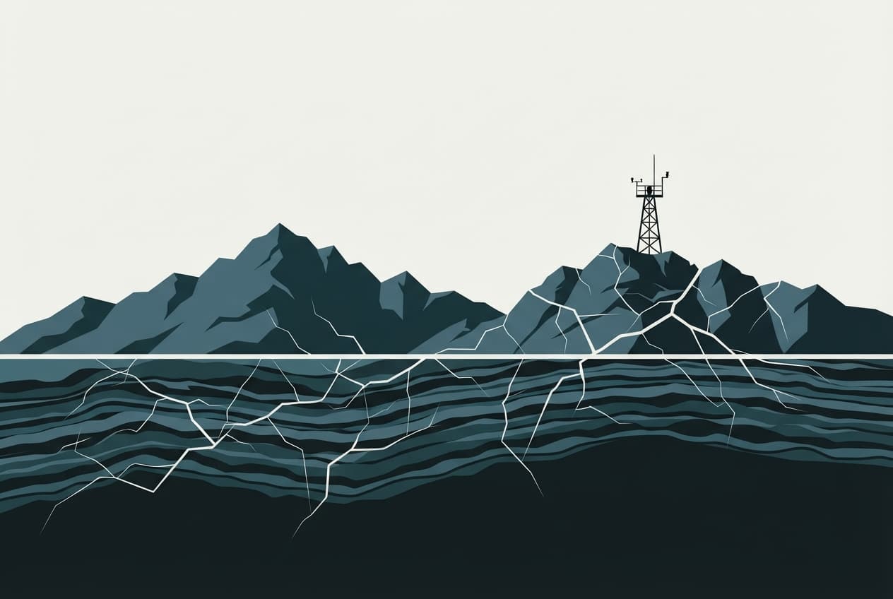 An editorial illustration of minimalist mountains and a silent weather tower against an off-white background, representing mountain hazard warnings.