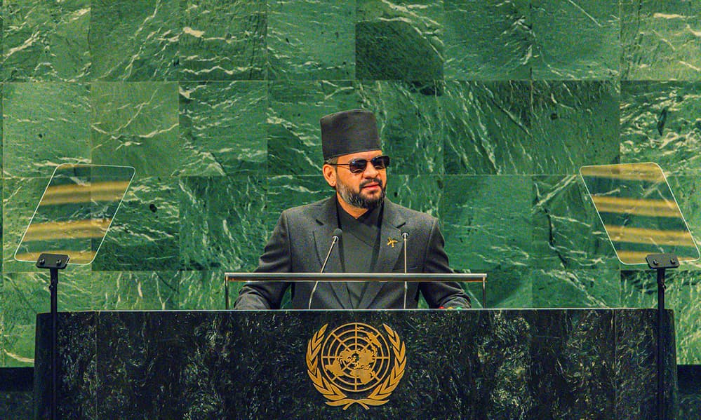 Prime Minister Balendra Shah speaks at the United Nations General Assembly rostrum.