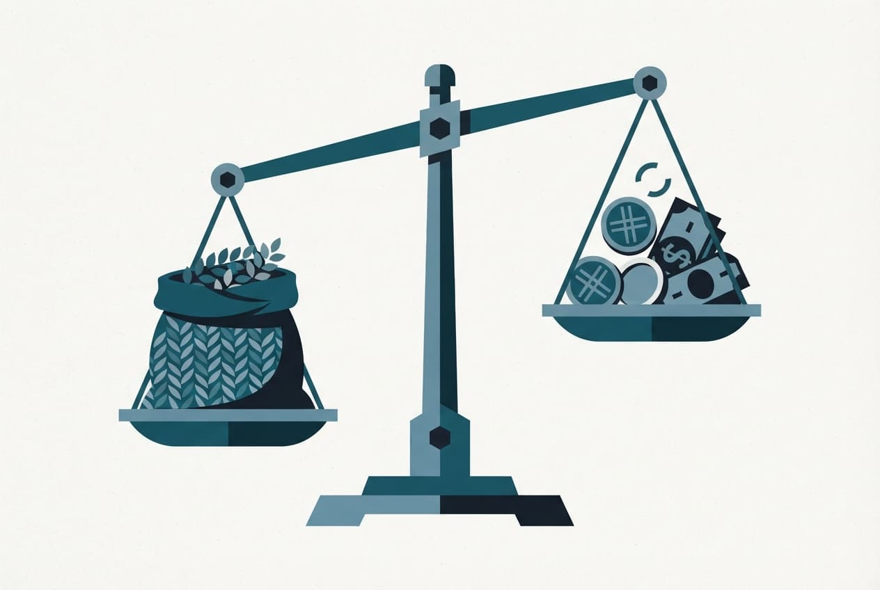 An illustration of a weighing scale balancing a grain sack against coins, symbolizing food prices.