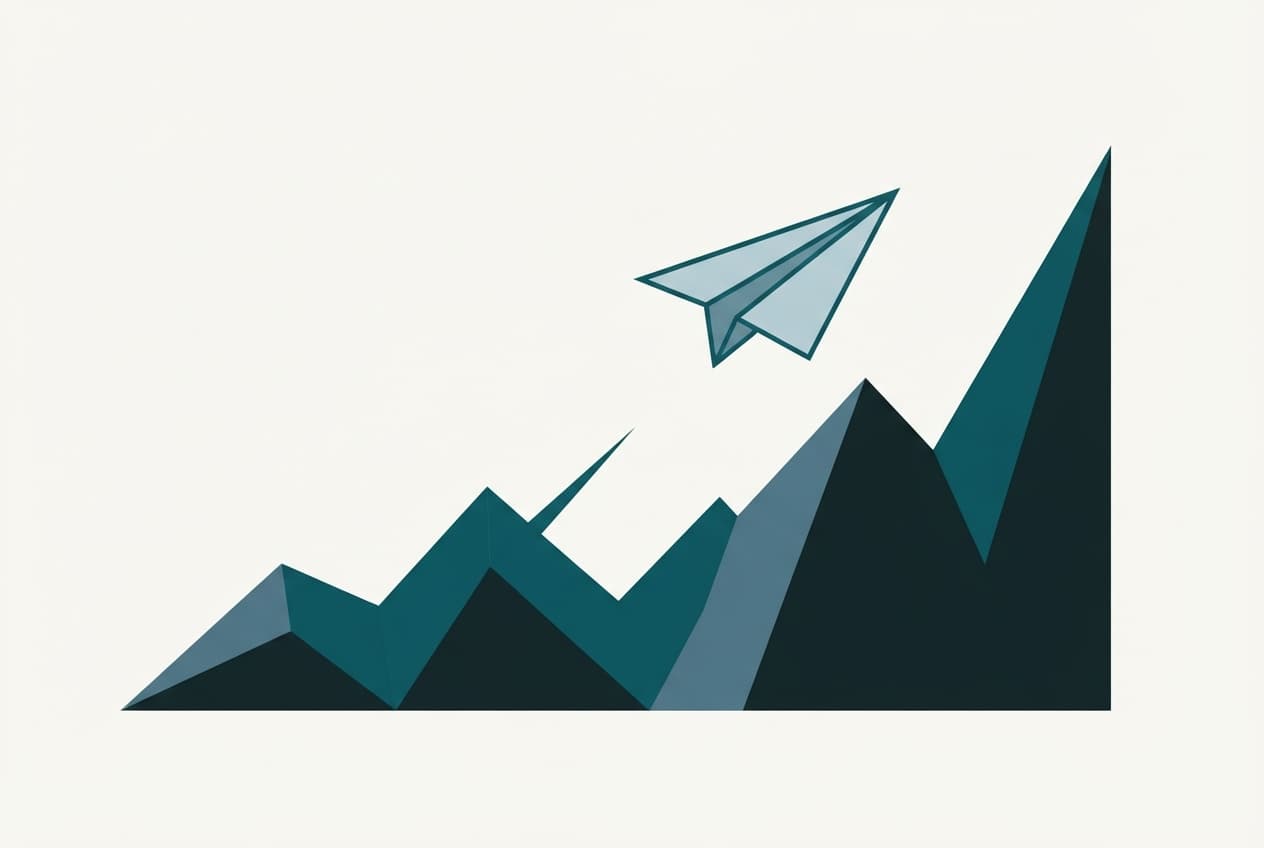 An illustration of a line graph shaped like mountain peaks with a paper airplane flying upward.