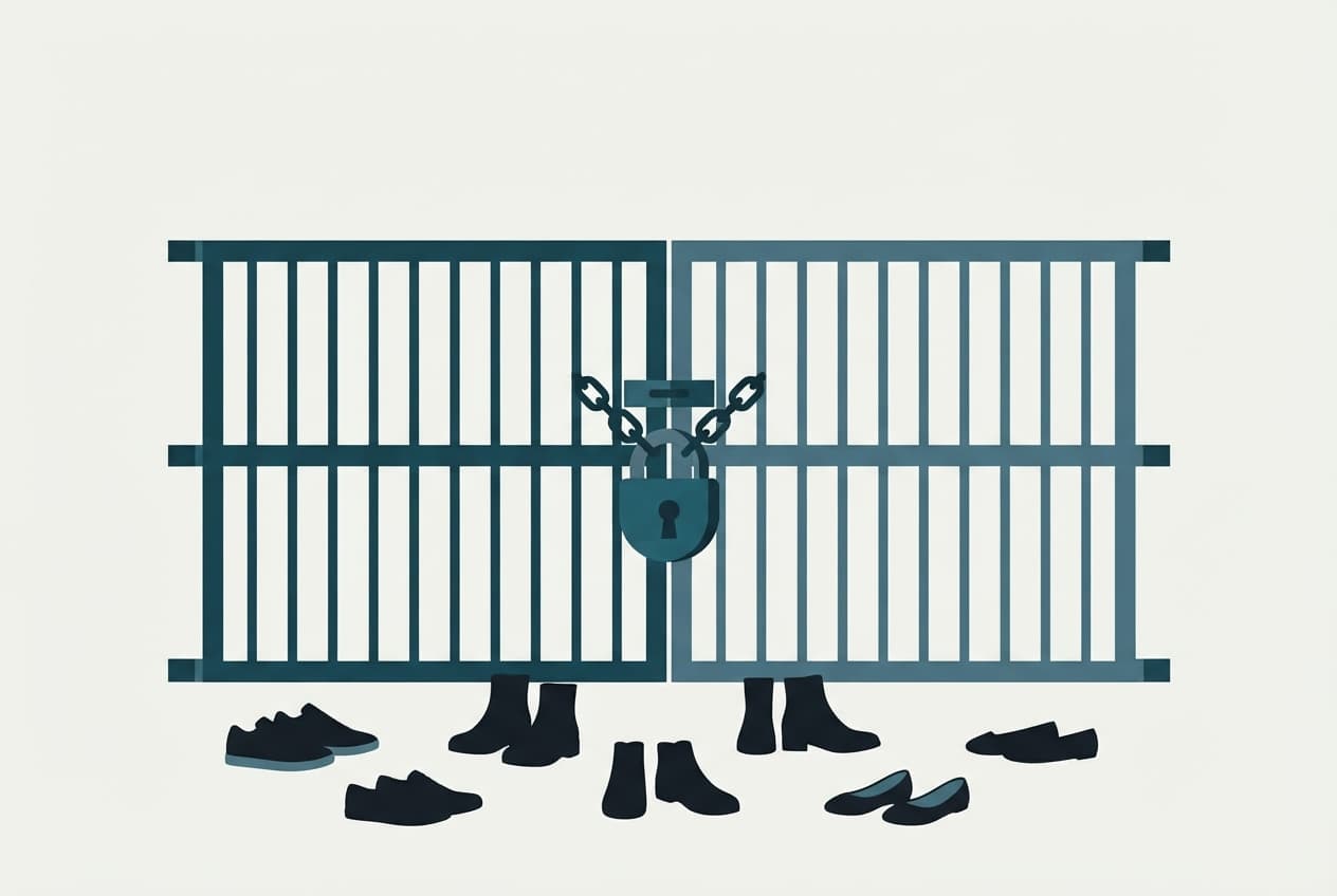 An illustration of closed gates with shoes lined up outside, representing exclusion and protest.
