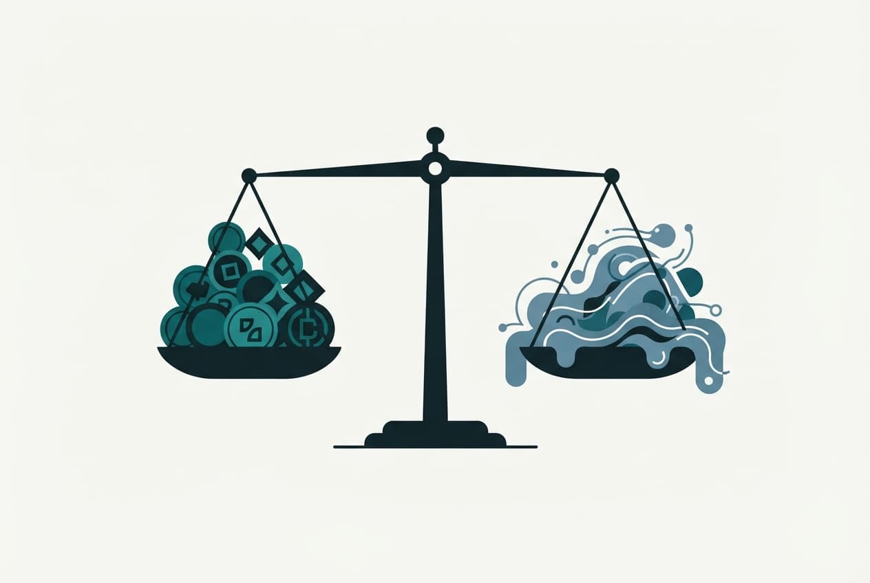An illustration of a minimalist balancing scale weighing abstract currency symbols against liquid waves.