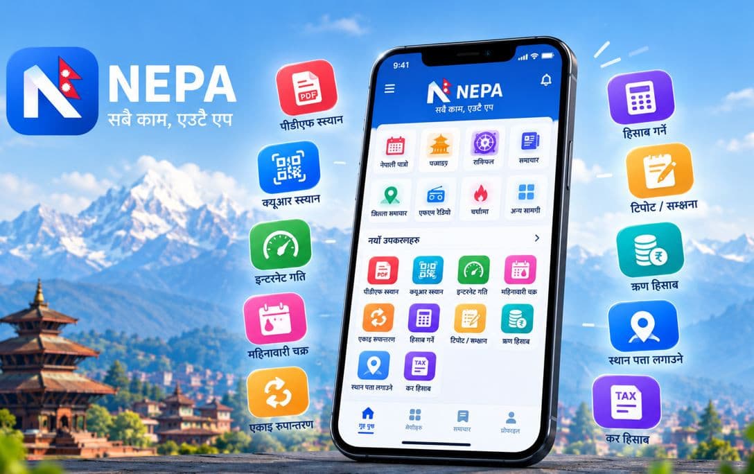 A smartphone displaying the Nepa application interface alongside icons for its new utility features.