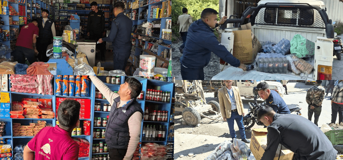 Market inspection officials and police in Jumla check shop shelves and confiscate substandard goods.