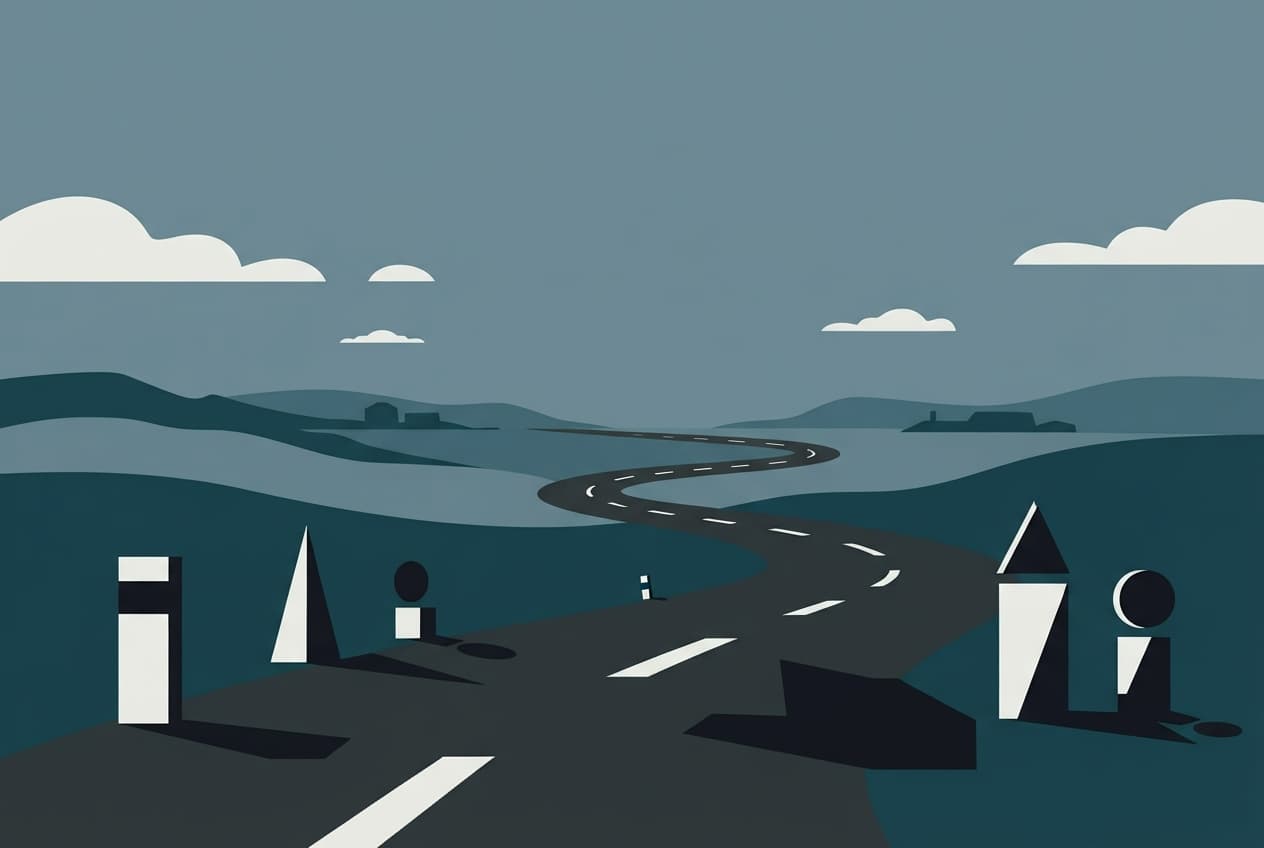 A flat vector illustration of a winding road with abstract mile markers under a muted sky, symbolizing travel and disruption.