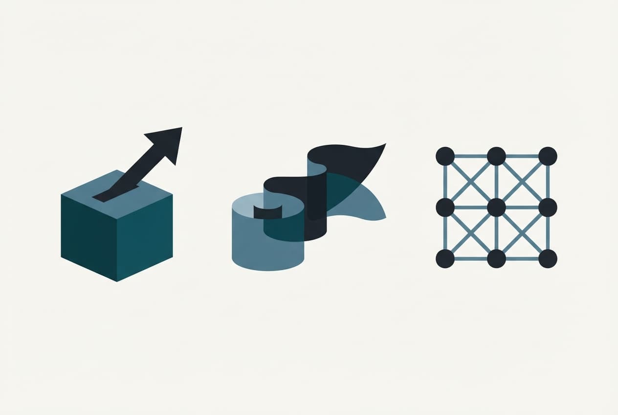 An abstract flat vector illustration of three symbols representing election preparation, protest planning, and organizational networks.