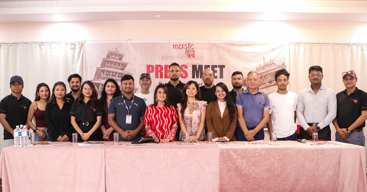 Organizers and participating artists standing together at the press conference for the Music Jatra-Khwapa concert.