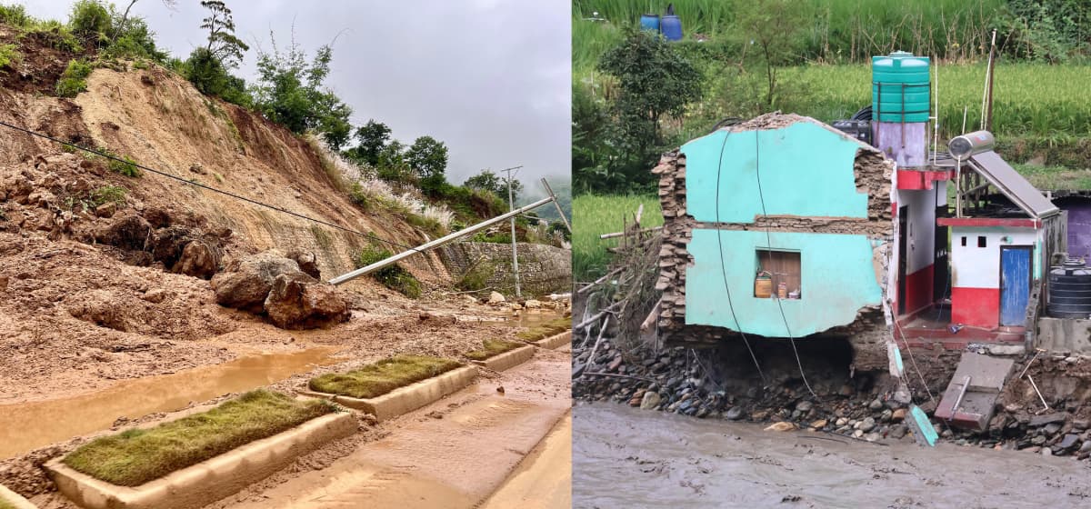 A roadside landslide burying a highway alongside a house foundation eroded by floodwaters.