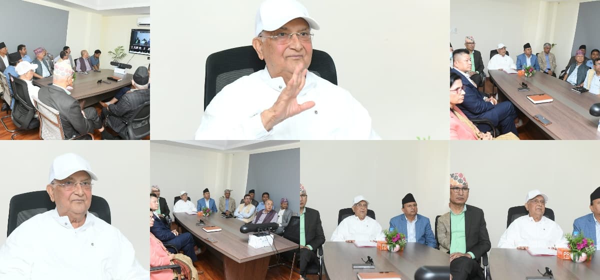 CPN-UML Chairman KP Sharma Oli and party leaders participate in a virtual briefing session from a conference room.