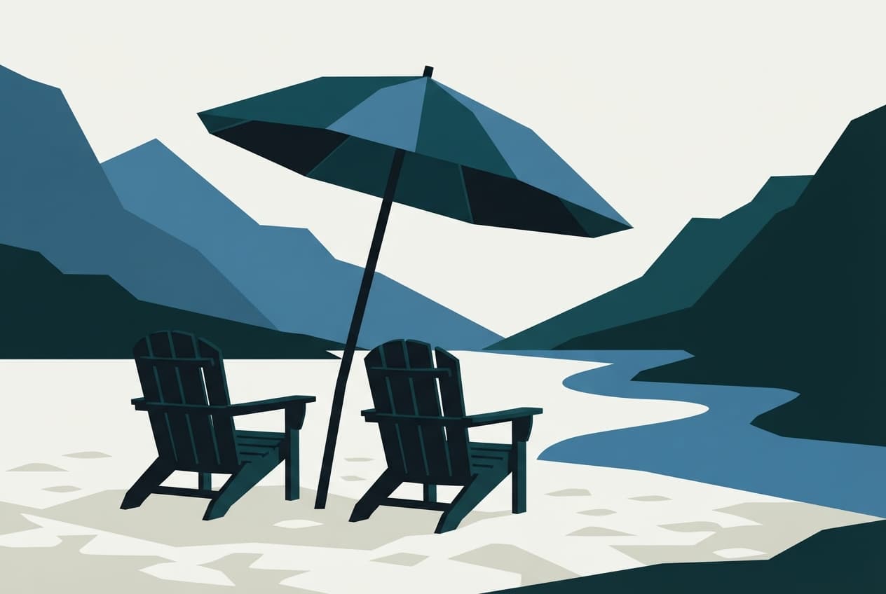 An illustration of two empty chairs under a tilted umbrella with mountain and river shapes in the background, symbolizing waiting and absence.