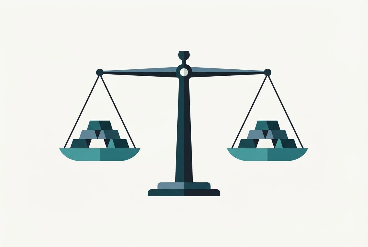 An illustration of a balanced scale with geometric shapes representing metal bars in deep teal and steel blue against an off-white background.