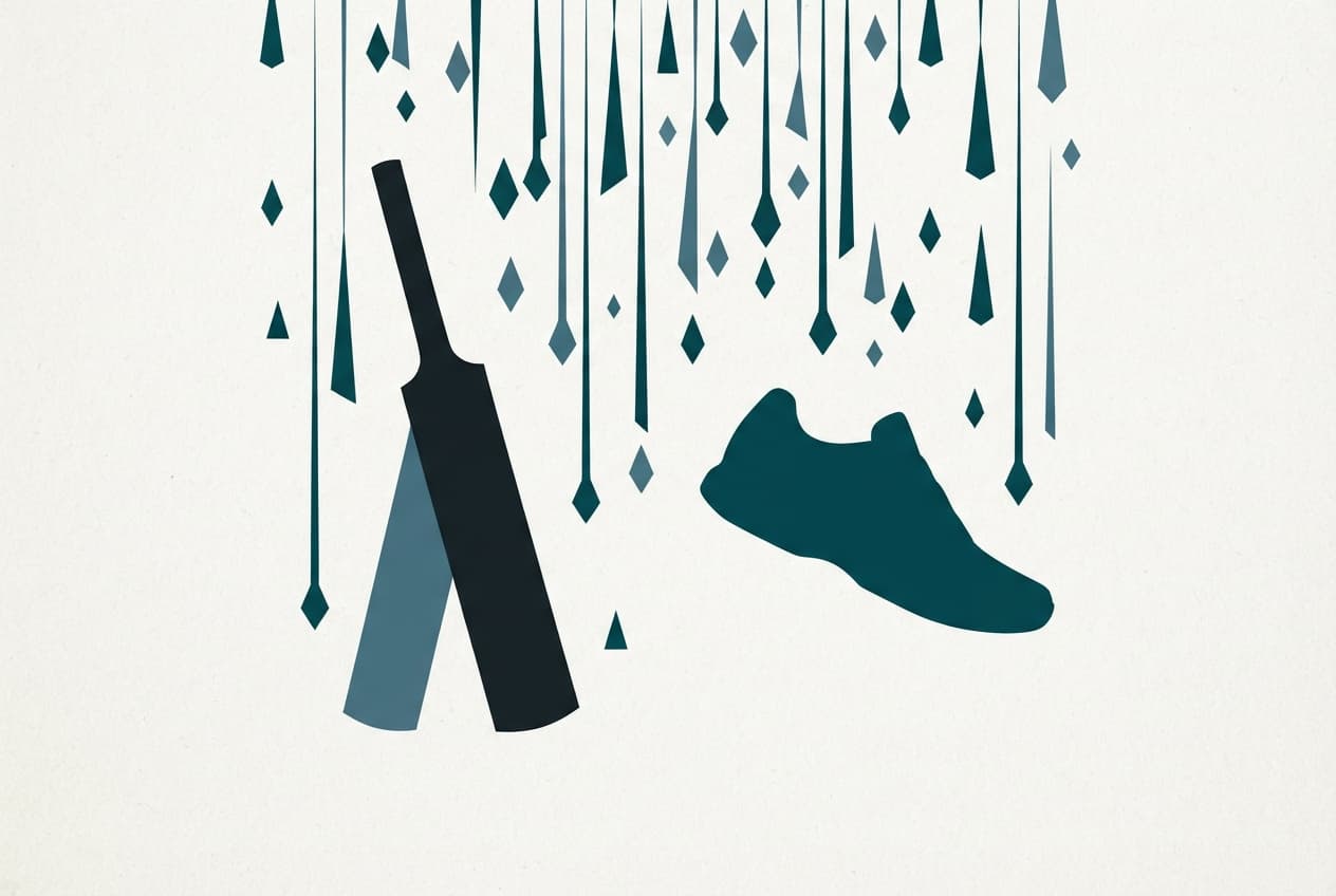 An abstract vector illustration of a cricket bat, a running shoe, and falling rain against a minimalist background.
