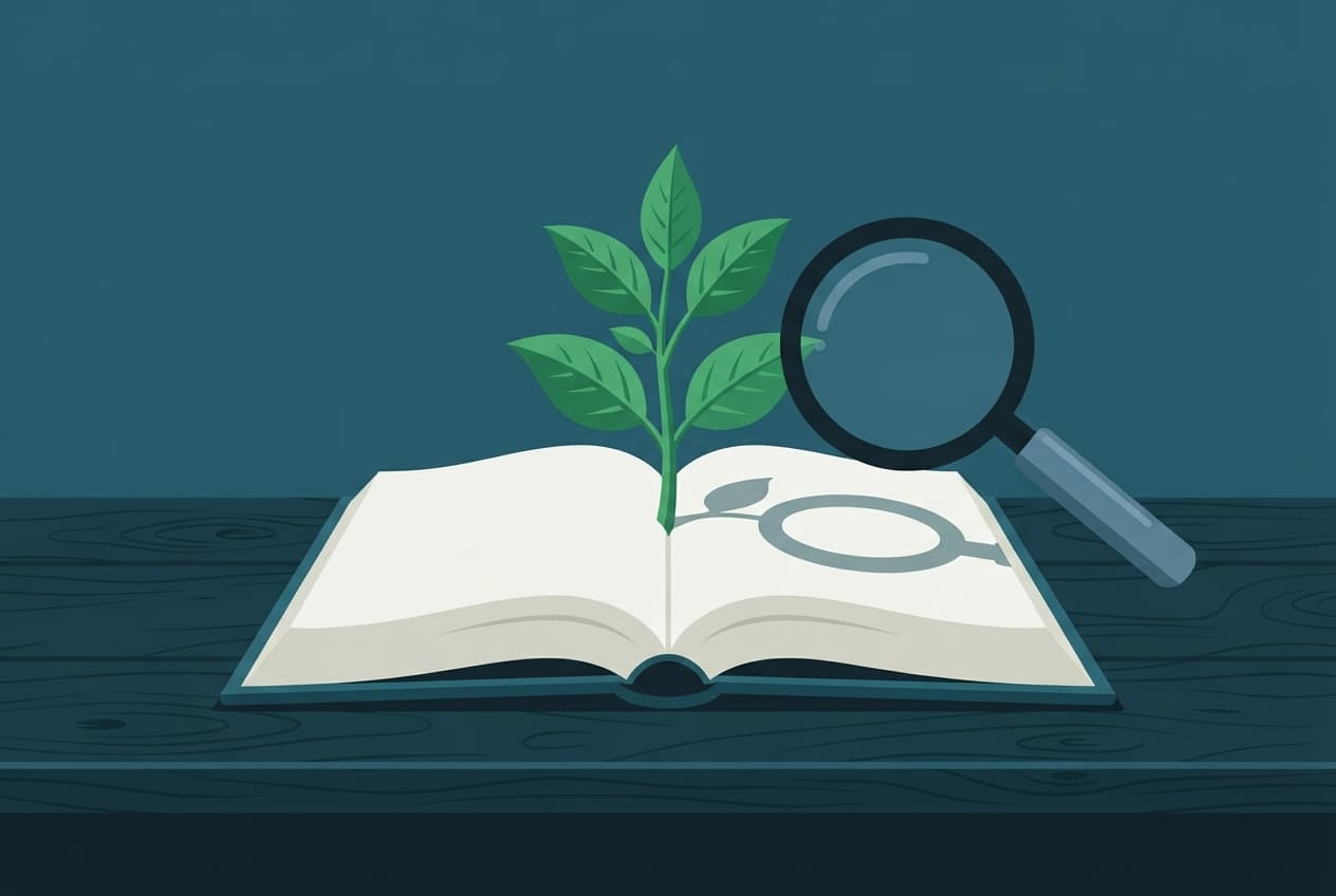 An illustration of an open book with a seedling growing from its pages, viewed through a magnifying glass.
