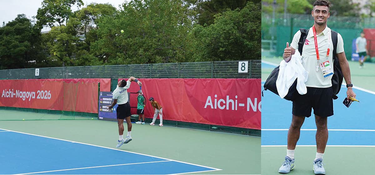Nepali tennis player smiling with a thumbs-up on court beside match action at the Asian Games in Nagoya.