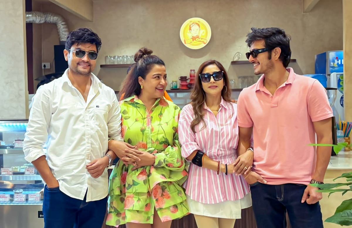 Actors Mahesh Tripathi, Rekha Thapa, Niruta Singh, and Pushpa Khadka pose together at BR Cafe in Kathmandu.