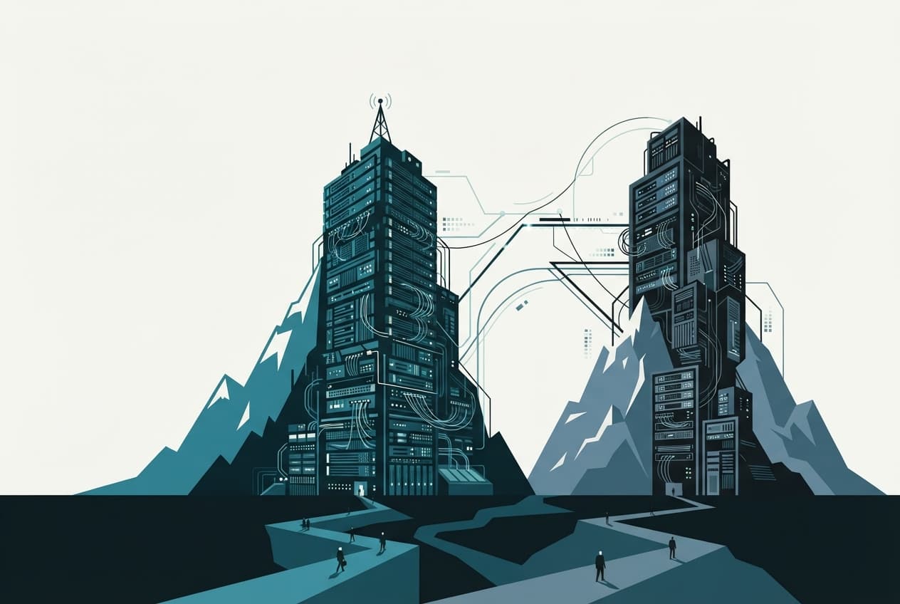 An editorial illustration of abstract mountain peaks and server racks representing the global rivalry over artificial intelligence development.