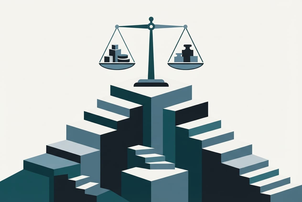 An illustration of abstract stepped platforms and balancing scales representing stock market reform.