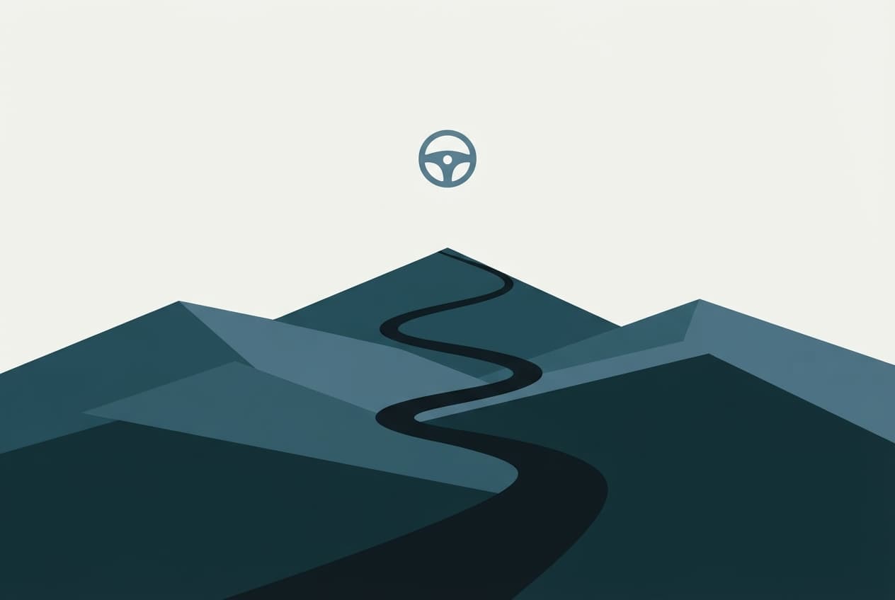 An abstract flat vector illustration of a winding road through geometric hills with a steering wheel symbol floating above.