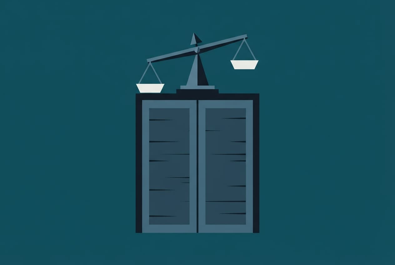 An abstract vector illustration of a balance scale resting on closed wooden doors, symbolizing legal questions and institutional tension.