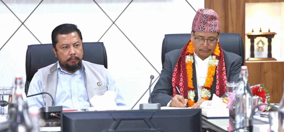 Energy Minister Biraj Bhakta Shrestha and newly appointed Secretary Dr. Jagdishwor Karmacharya seated at an Energy Ministry review meeting.