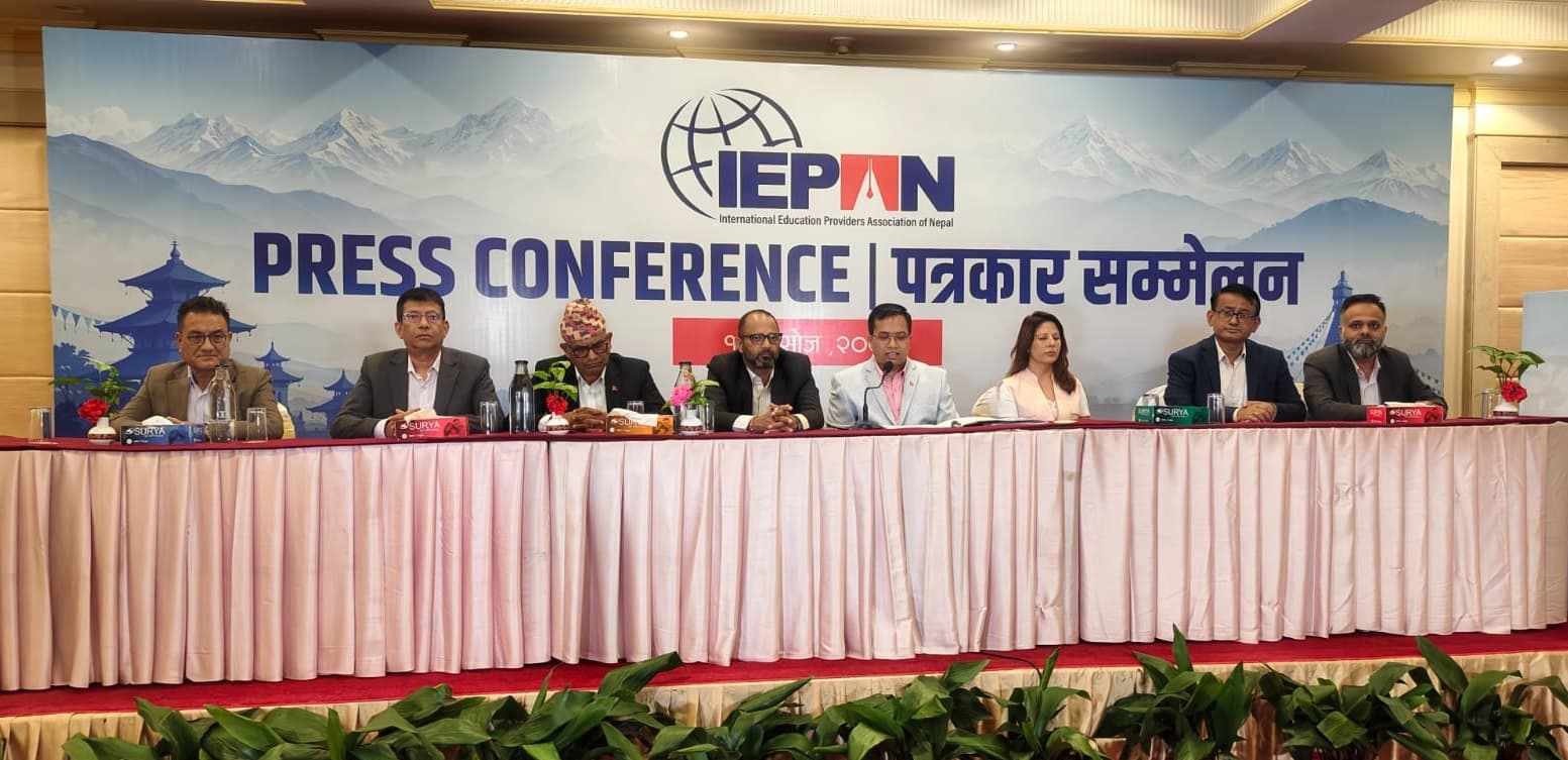 Leaders of the International Education Providers Association of Nepal seated at a press conference in Kathmandu.