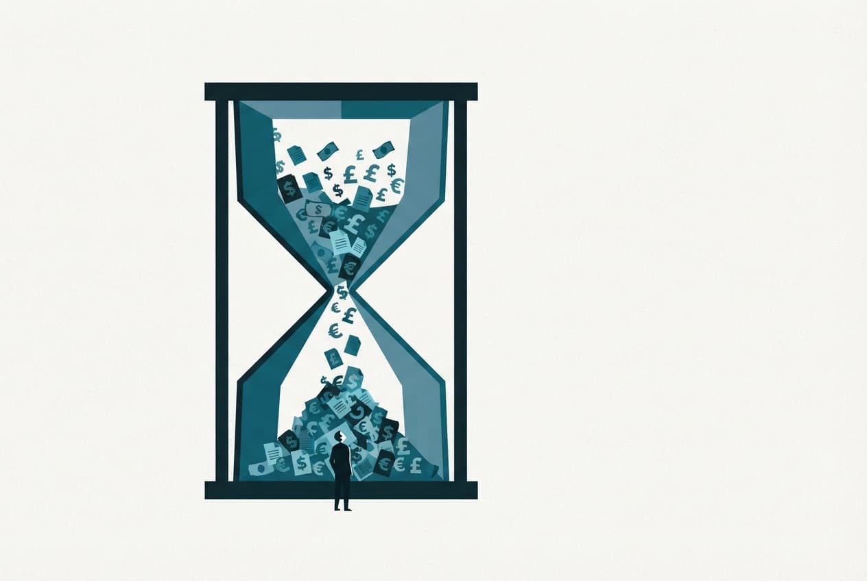 An illustration of an hourglass filled with falling documents and currency symbols with a small anonymous silhouette below.
