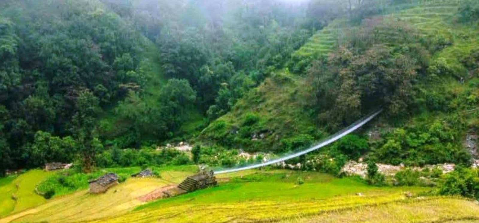 A suspension bridge hangs over a river valley between terraced hillsides in Darchula.