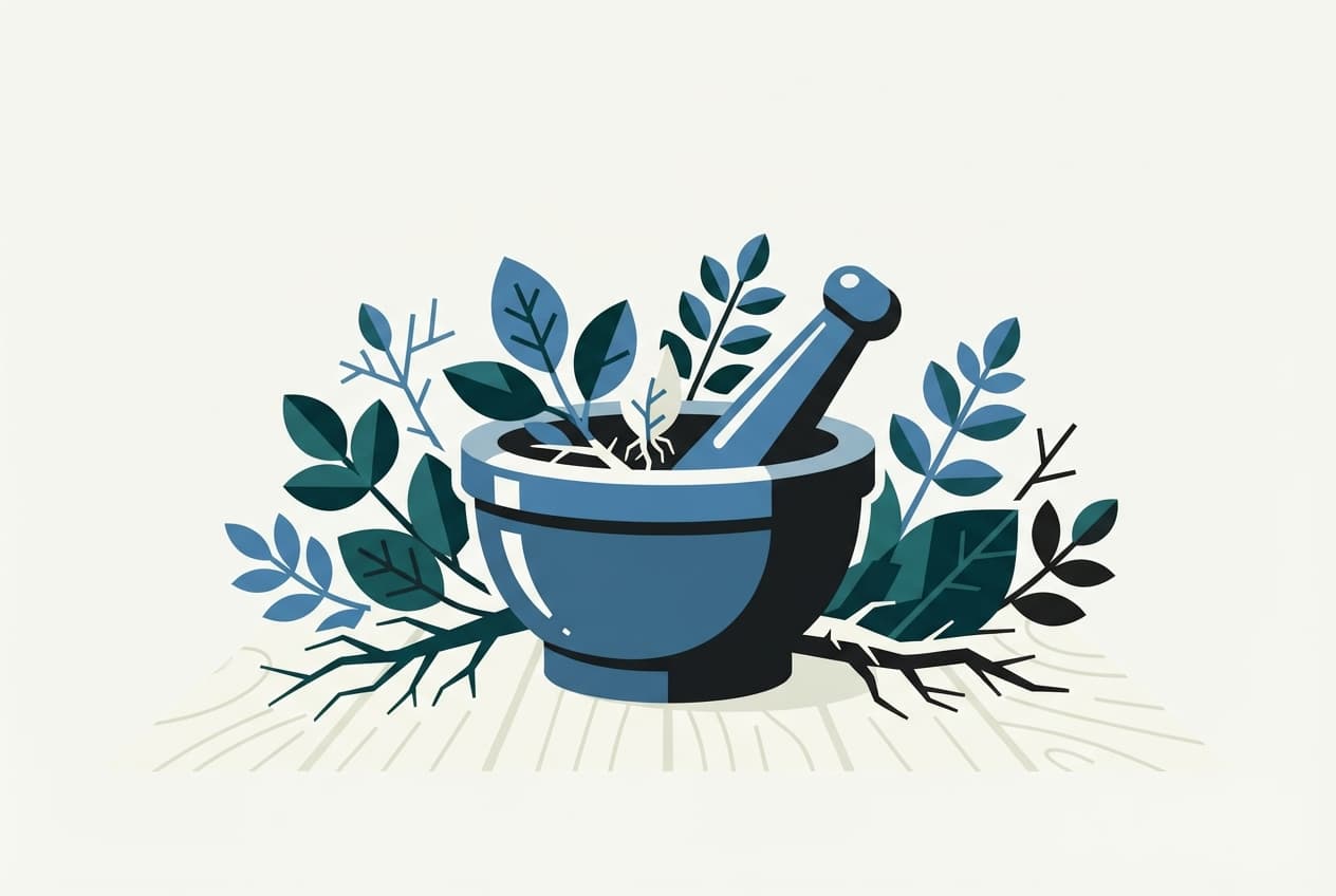 An illustration of a mortar and pestle surrounded by stylized medicinal herbs against a minimalist backdrop.