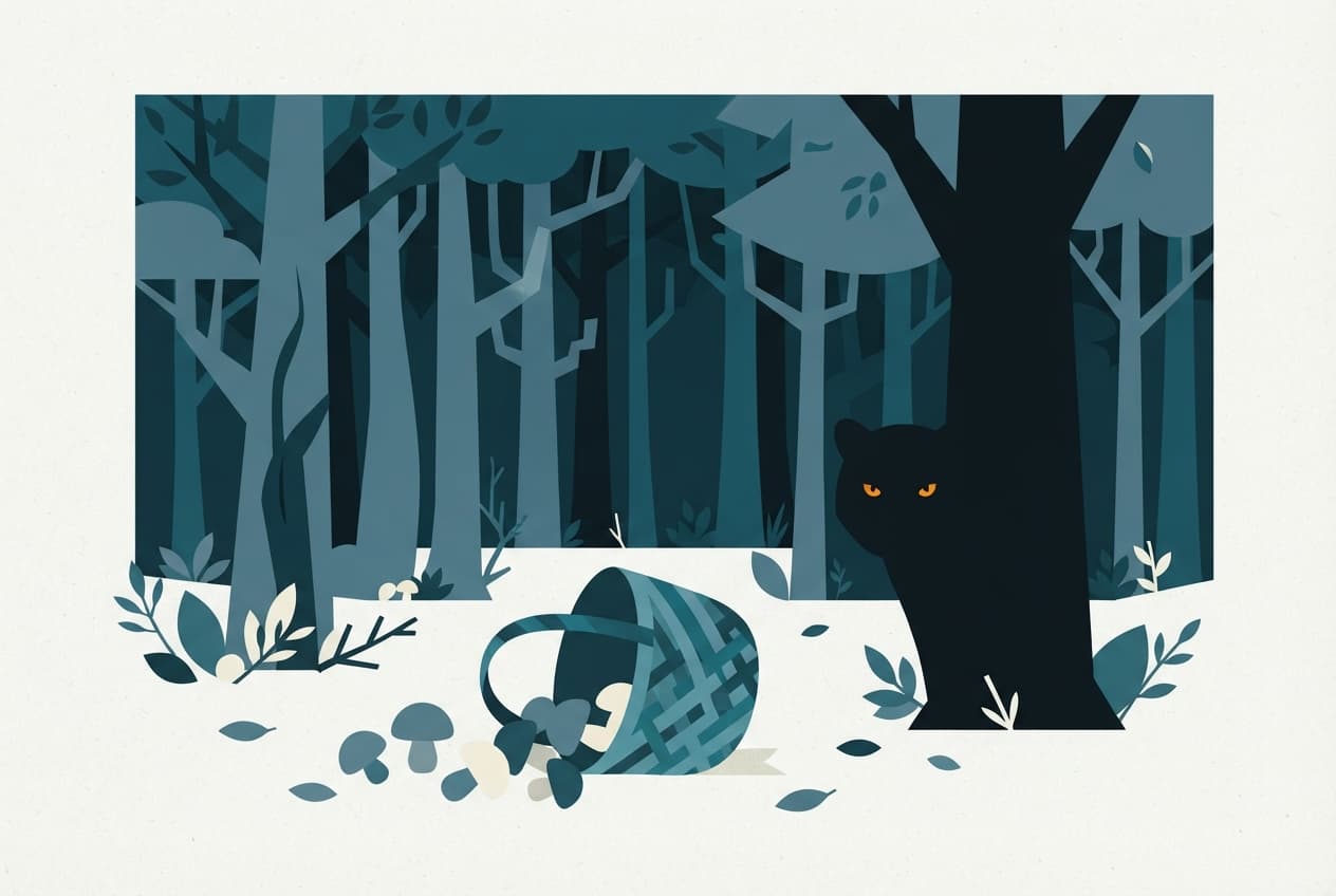 An overturned mushroom basket in a dark teal forest with a pair of glowing eyes peering from behind a tree.