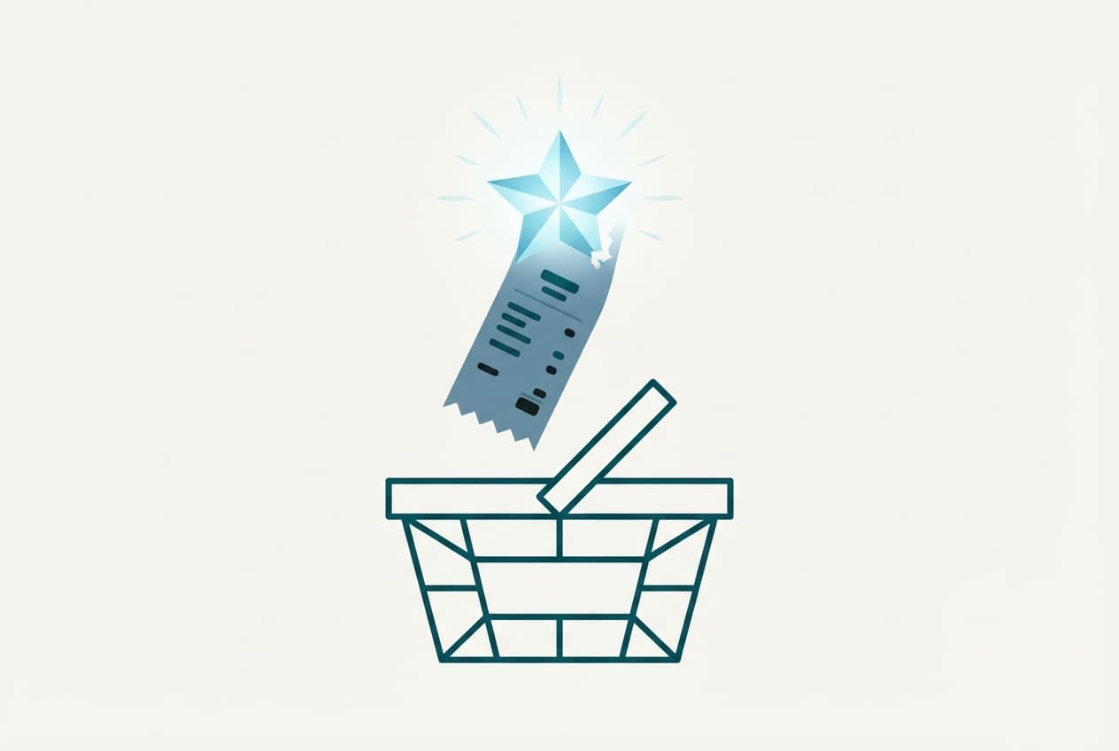 An abstract vector illustration of a shopping receipt turning into a star symbol above a basket, representing a tax incentive lottery win.