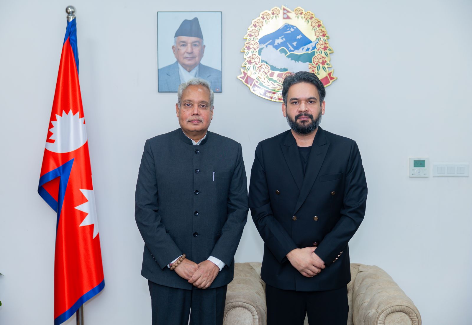 Indian Ambassador Naveen Srivastava and Prime Minister Balen Shah posing together at Singha Durbar.