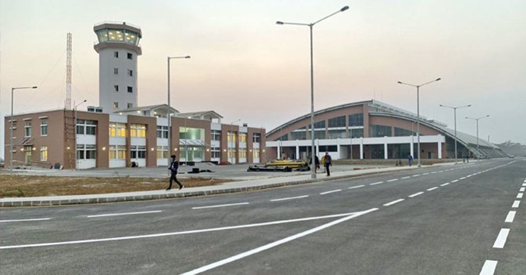 The air traffic control tower and terminal building at Gautam Buddha International Airport in Bhairahawa.