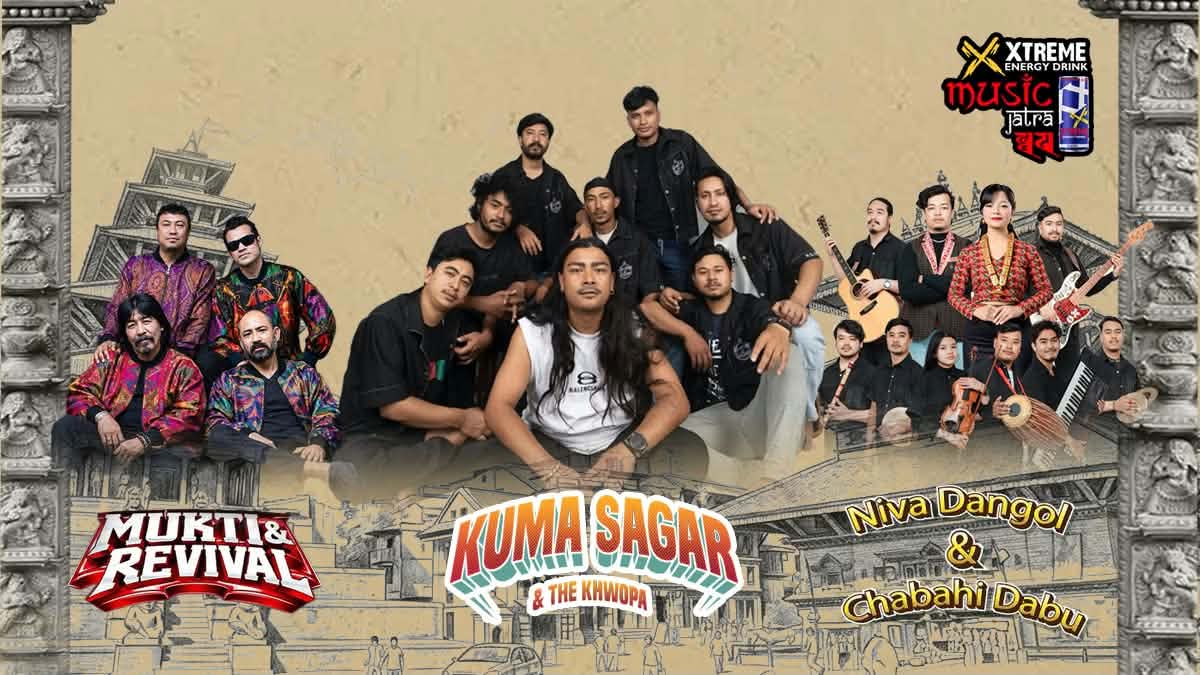 Promotional poster displaying the lineup for the Music Jatra-Khwapa concert including Kuma Sagar and Mukti and Revival.