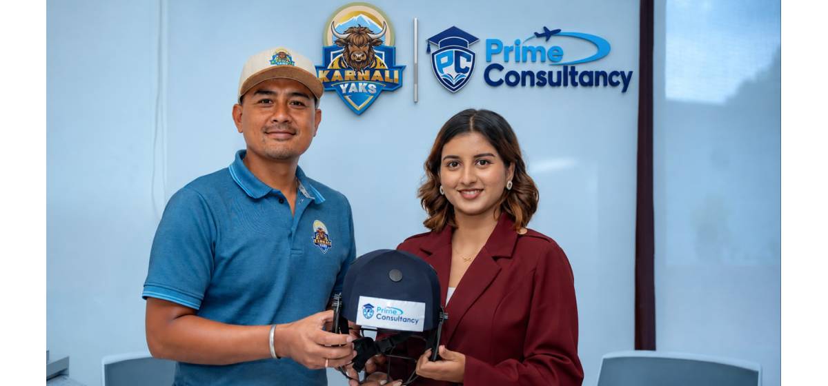Gyanendra Malla and Prijma Gautam holding a Karnali Yaks cricket helmet during the partnership announcement.